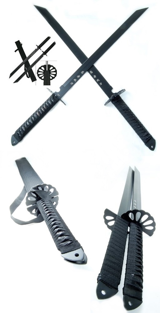 27 Overall Dual Full Tang Blade Ninja Machete Set Wrapped Handle 